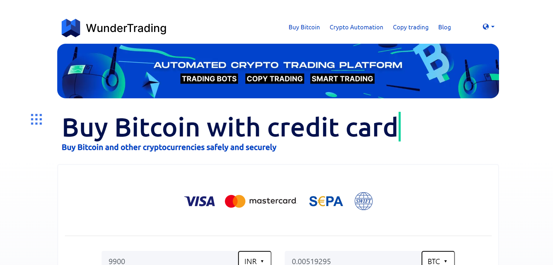 Landing page of Buy Bitcoin with Credit Card Instantly 