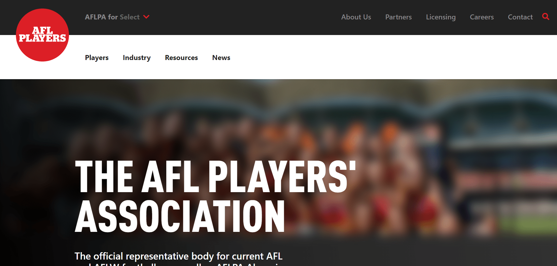 Landing page of AFL Players Association 