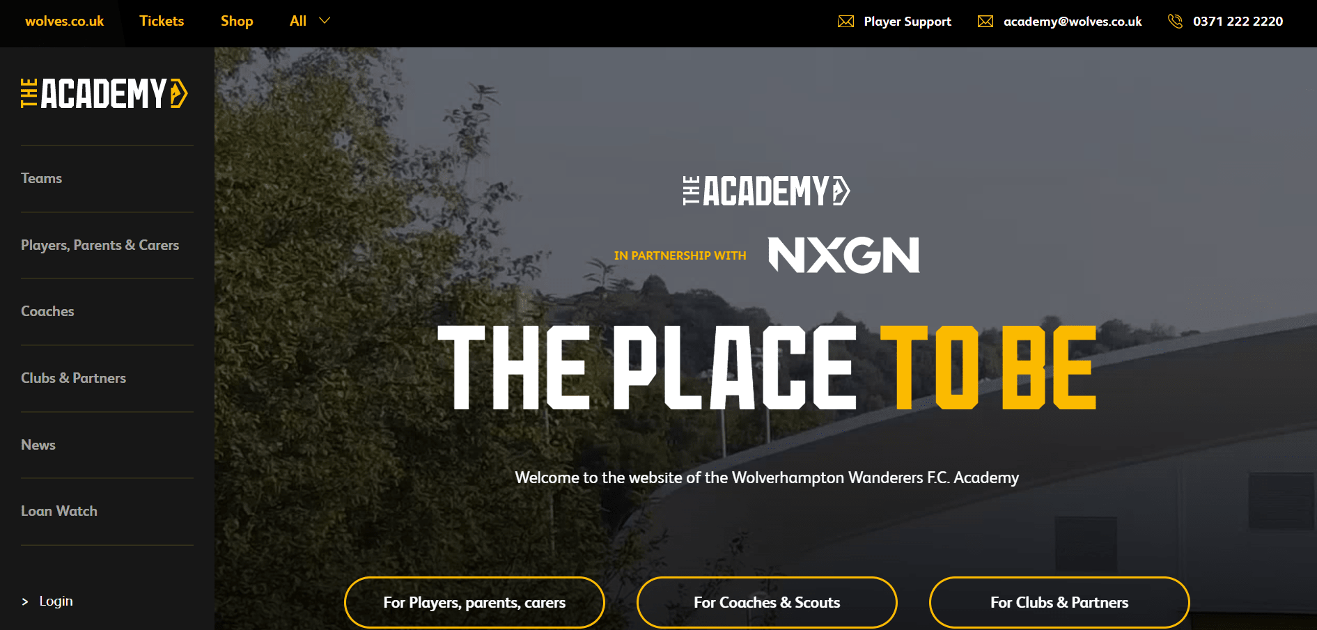 Landing page of Wolves Academy 