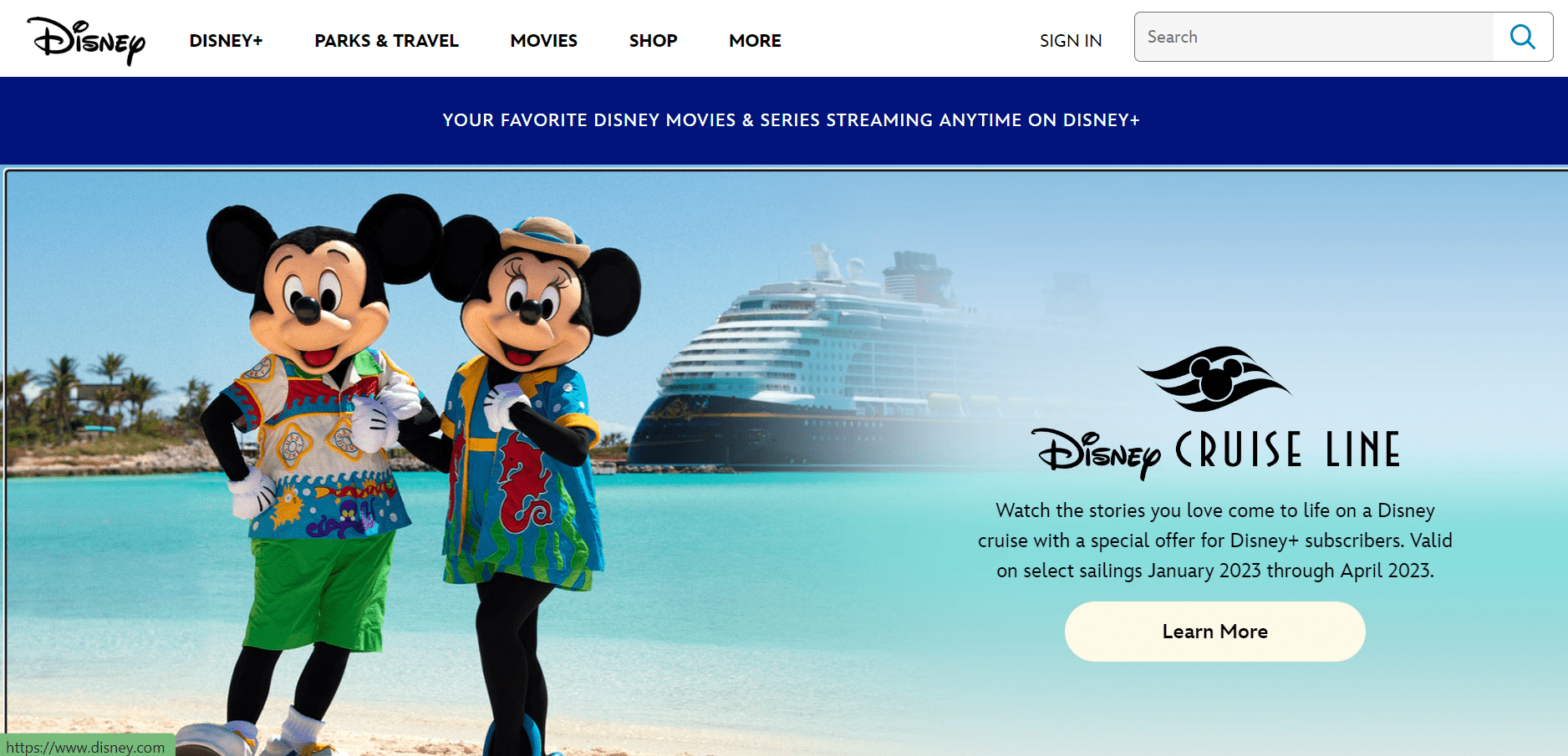 Landing page of Disney.com 