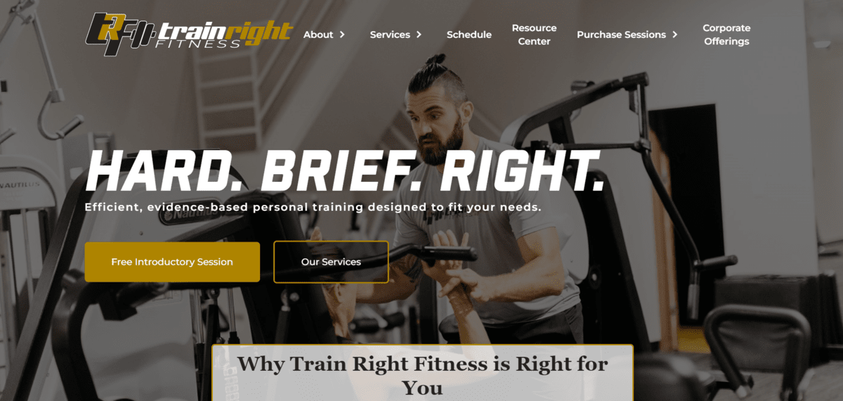 Landing page of Train Right Fitness 