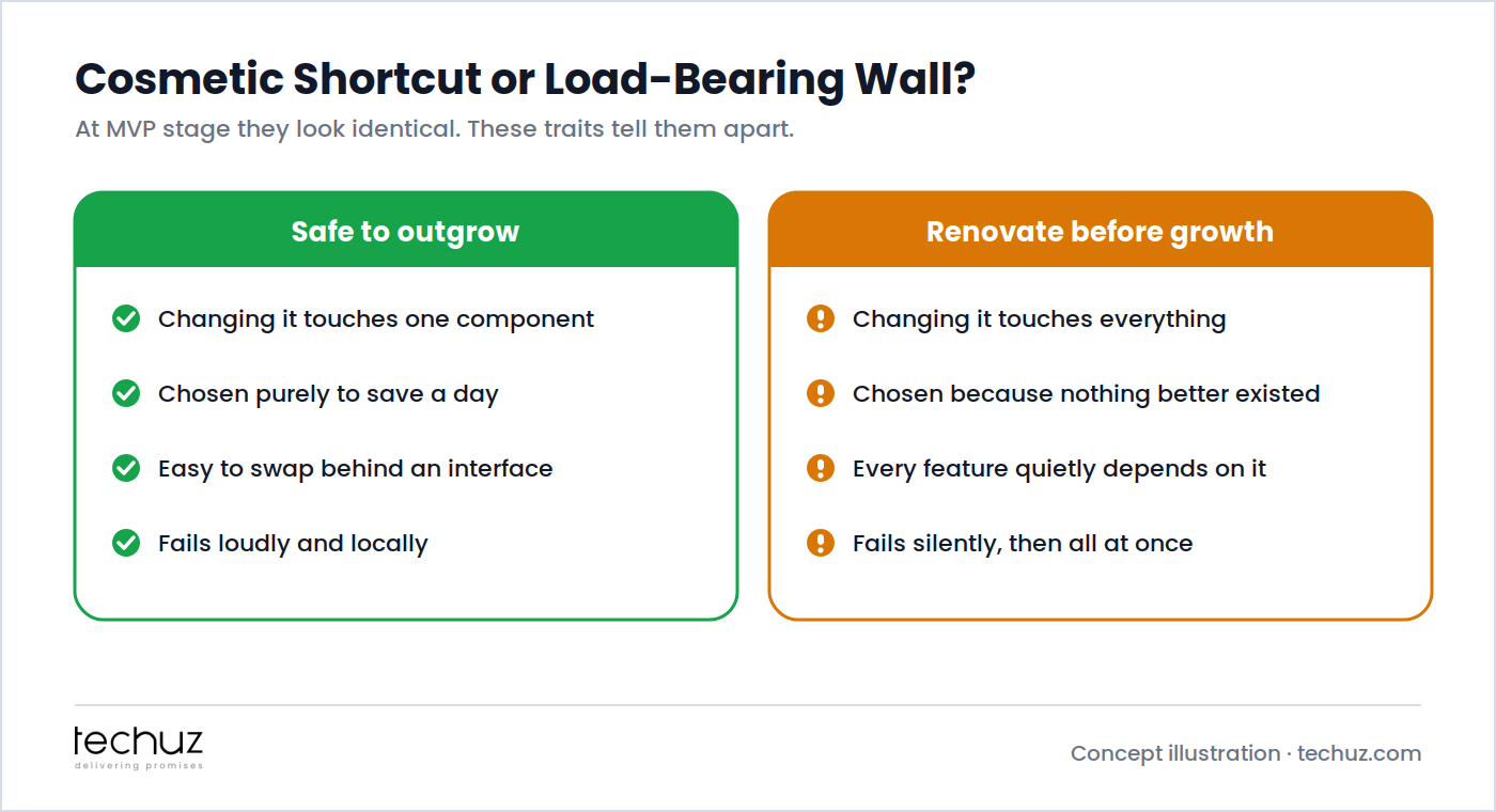 Traits that separate cosmetic shortcuts that are safe to outgrow from load-bearing walls that need renovation before growth