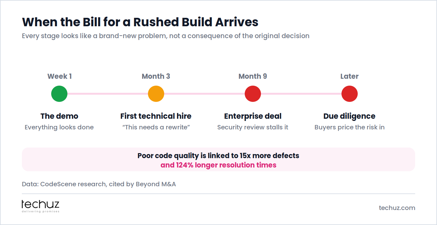 Timeline showing when the bill for a rushed build arrives: the demo looks done in week 1, the first technical hire calls for a rewrite by month 3, an enterprise security review stalls a deal by month 9, and buyers price the risk in at due diligence